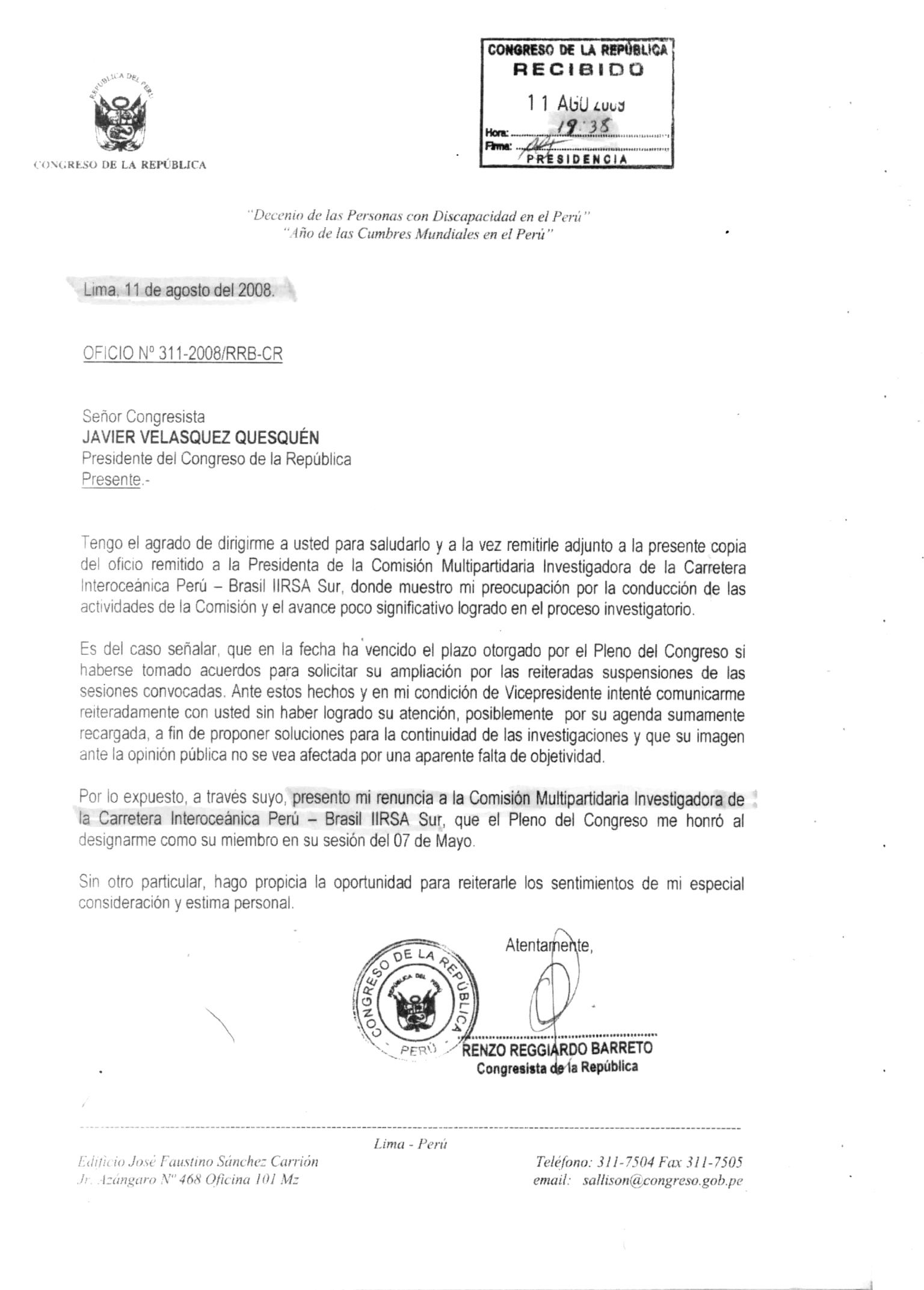 La carta de renuncia de Renzo Reggiardo a la comisión investigadora. (Fuente: El Comercio)