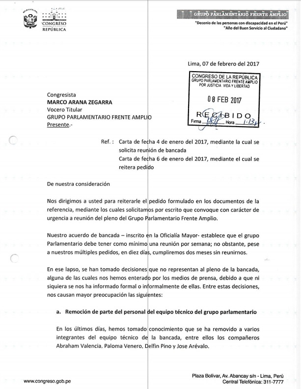 Carta del bloque Nuevo Perú remitido a Marco Arana