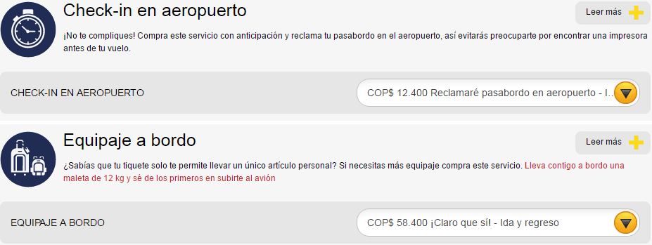 Servicios que VivaColombia cobra en su plataforma. VivaColombia es de la misma familia de Viva Air Perú. (Foto: Captura)