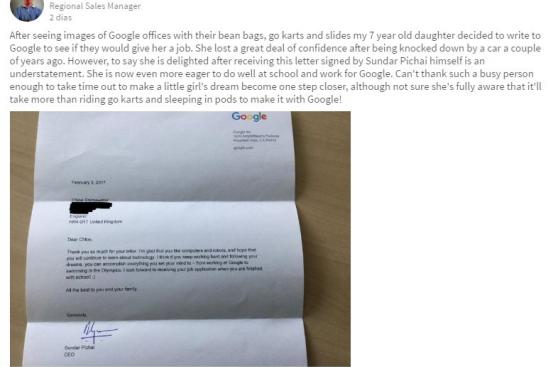 Niña de 7 años pide trabajo a Google y el mismo CEO le responde