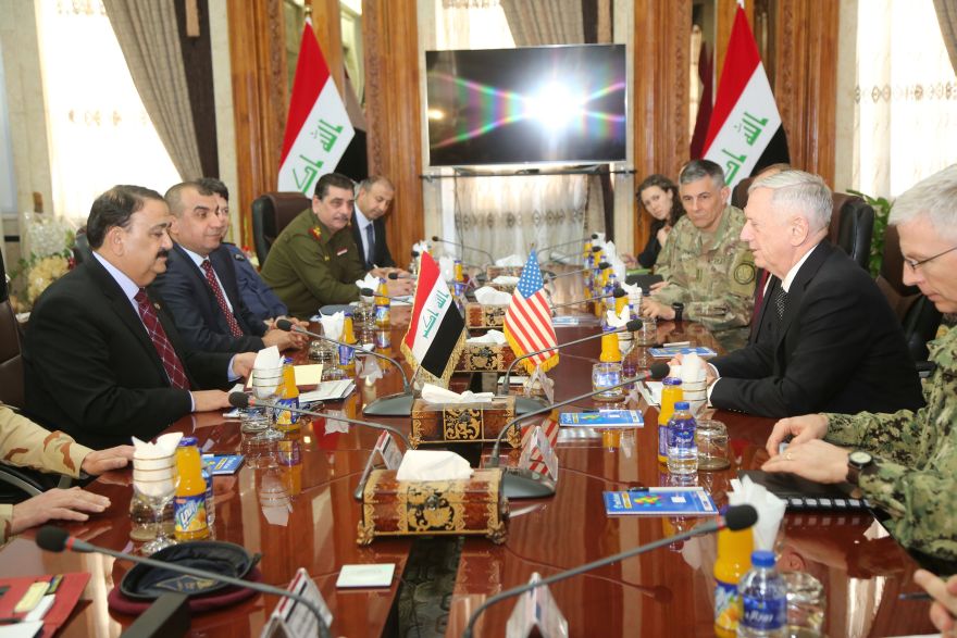 U.S. Defense Secretary Jim Mattis and Iraq's Defence Minister Erfan al-Hiyali meet at the Ministry of Defense in Baghdad, Iraq February 20, 2017.  REUTERS/Stringer FOR EDITORIAL USE ONLY. NO RESALES. NO ARCHIVE.
