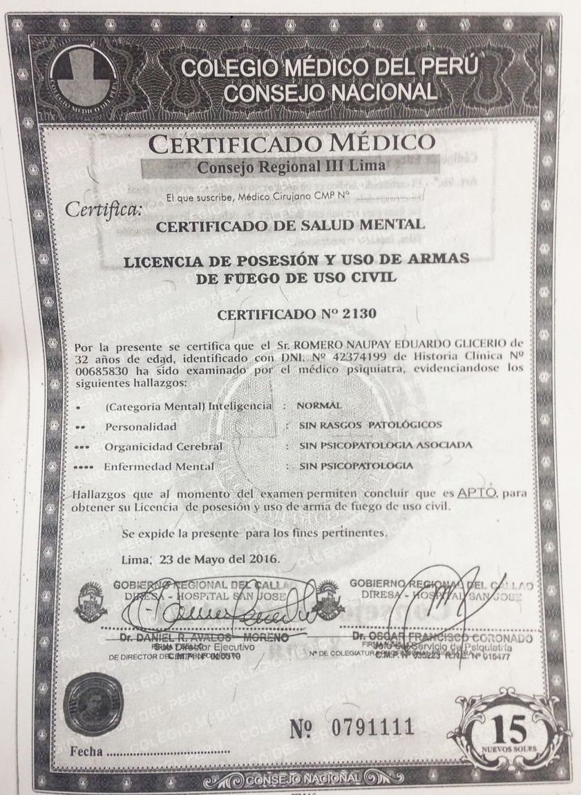 El documento, expedido el 23 de mayo, lleva la firma del director ejecutivo del hospital San José del Callao y el psiquiatra que lo evaluó. Sucamec investiga su autenticidad. (Sucamec)