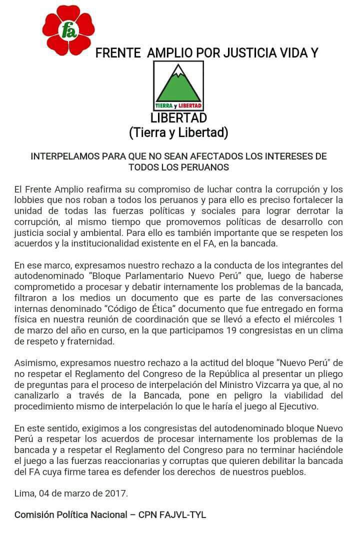 Comunicado de Tierra y Libertad criticando a Nuevo Perú.