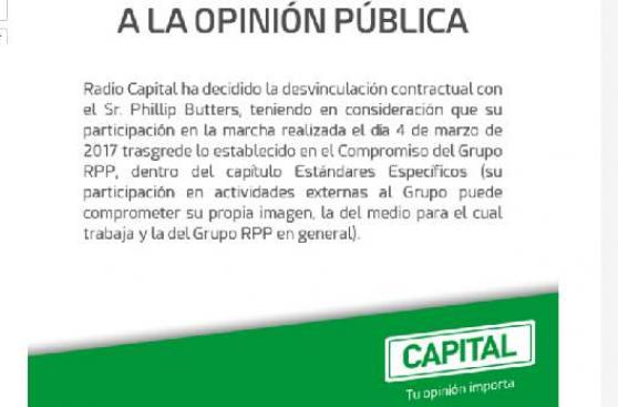 Radio Capital despide a Butters tras retiro de anunciantes