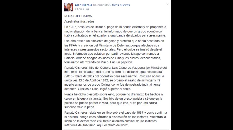 Alan García publicó en Facebook una breve nota titulada “Asesinatos frustrados”.(Captura: Facebook)