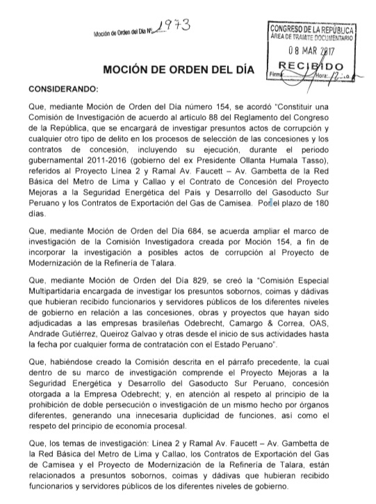 Moción plantea que lo investigado sobre el gobierno de Ollanta Humala sea trasladado a la Comisión Lava Jato.