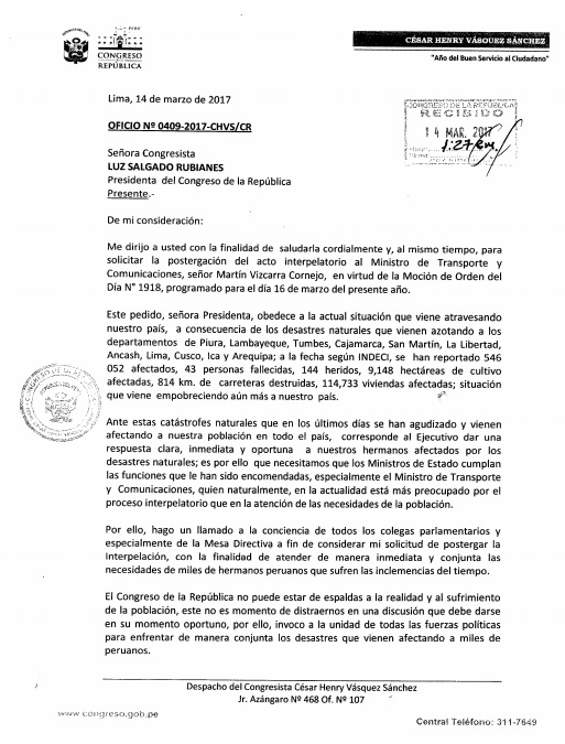Pedido de postergación de interpelación contra Martín Vizcarra