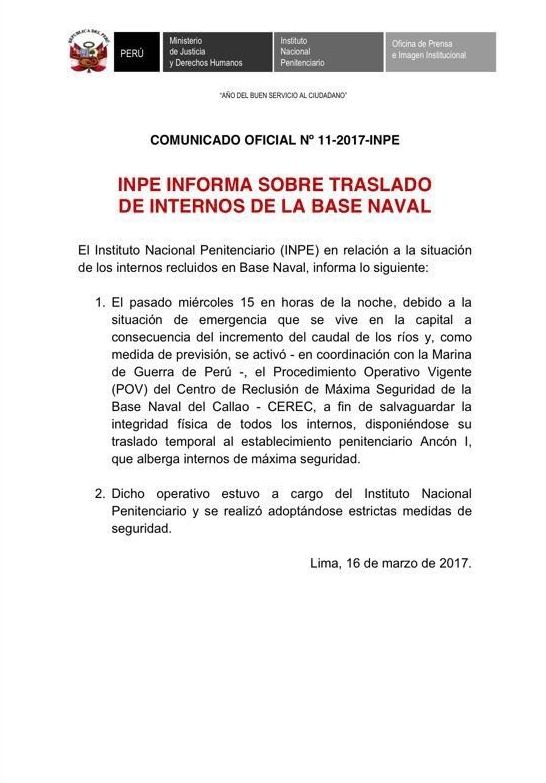 Comunicado del INPE sobre el traslado de los internos del centro de reclusión de la Base Naval del Callao.