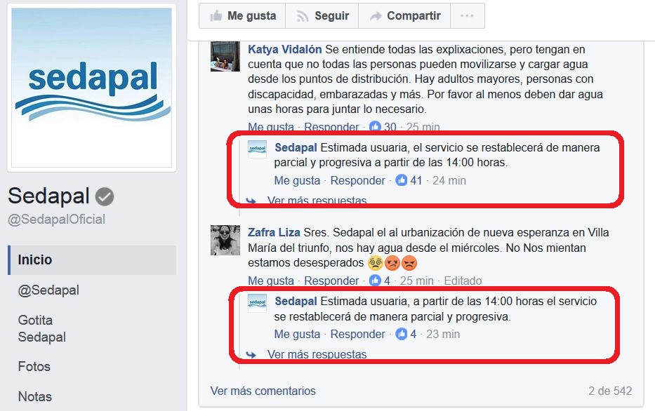 Sedapal responde a usuaria en facebook.
