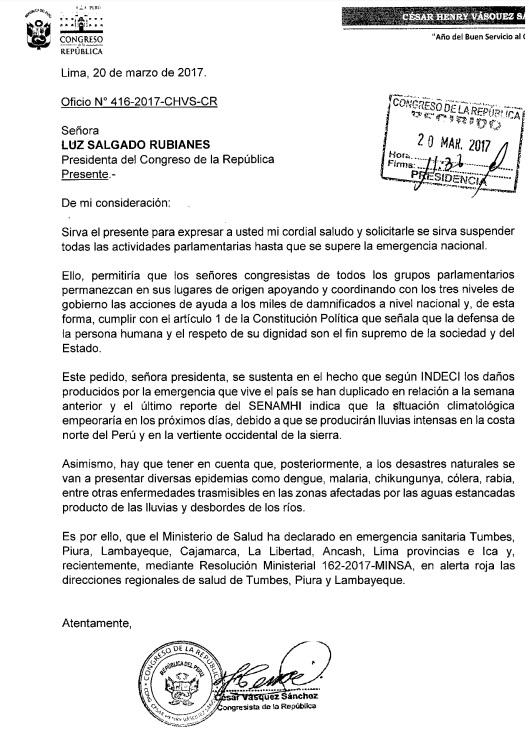 Documento de César Vásquez a la Presidencia del Congreso.