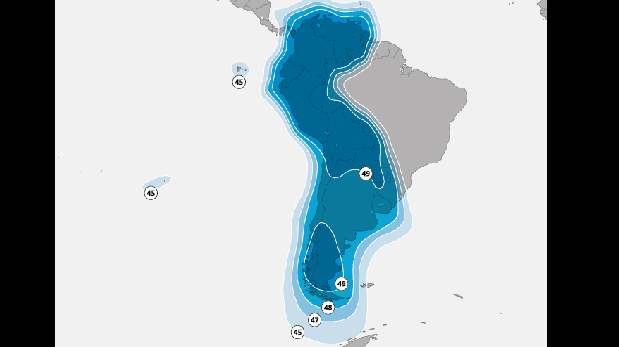 Área de cobertura en Sudamérica del SES 10, según mapa de la propia empresa.