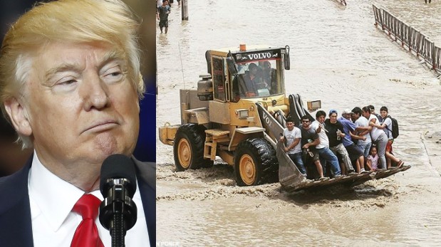 Donald Trump, presidente de Estados Unidos, y damnificados por las lluvias en el Perú. (AP / El Comercio)
