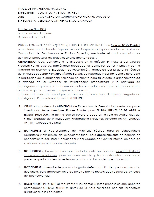 Documento del Juzgado de Investigación Prepratoria del caso Odebrecht (Foto: El Comercio).