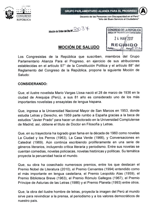 Moción de saludo presentado por congresista Marisol Espinoza.