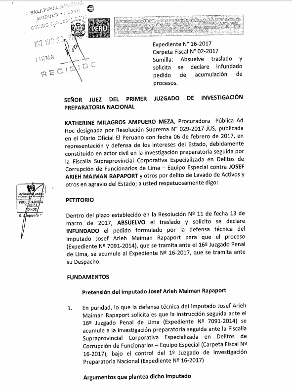 Documento presentado por la Procuraduría ad hoc de Caso Odebrecht (Foto:El Comercio)