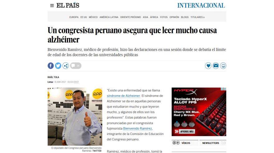 El diario El País recordó que Bienvenido Ramírez es médico de profesión. (Foto: Captura)