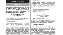 Publican por primera vez una norma legal en quechua y awajun