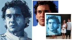 Retrato de Ayrton Senna con retazos de jeans de su familia