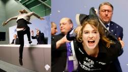 Una manifestante ataca a jefe del Banco Central Europeo (VIDEO)