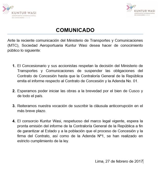 [Foto] Kuntur Wasi: Respetamos suspensión de entrega de dinero