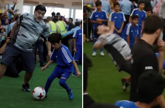 Maradona cae al piso al ser duramente ‘marcado’ por un niño
