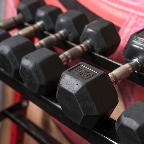 Las mancuernas, ligas y pesas son instrumentos con los que puedes armar una rutina guiada de un entrenador.
